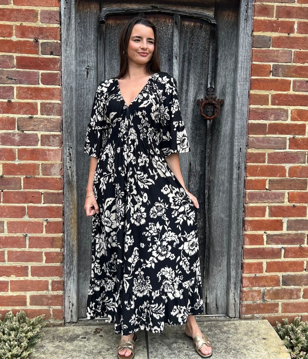 Black Print Shirred Waist Midaxi Dress