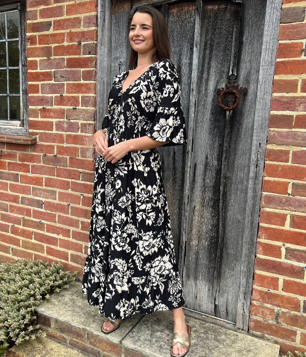 Black Print Shirred Waist Midaxi Dress