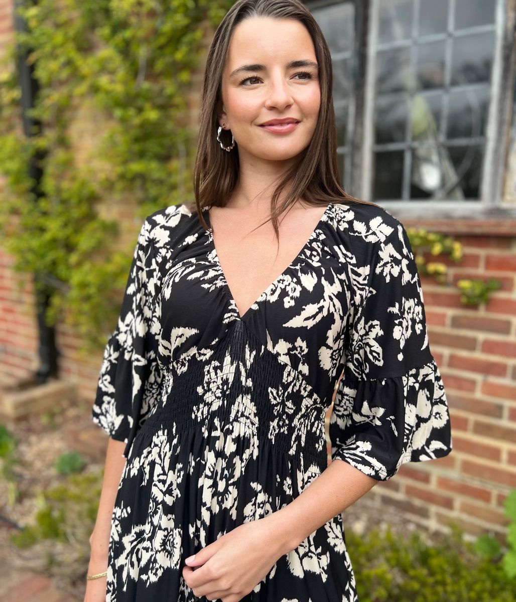 Black Print Shirred Waist Midaxi Dress
