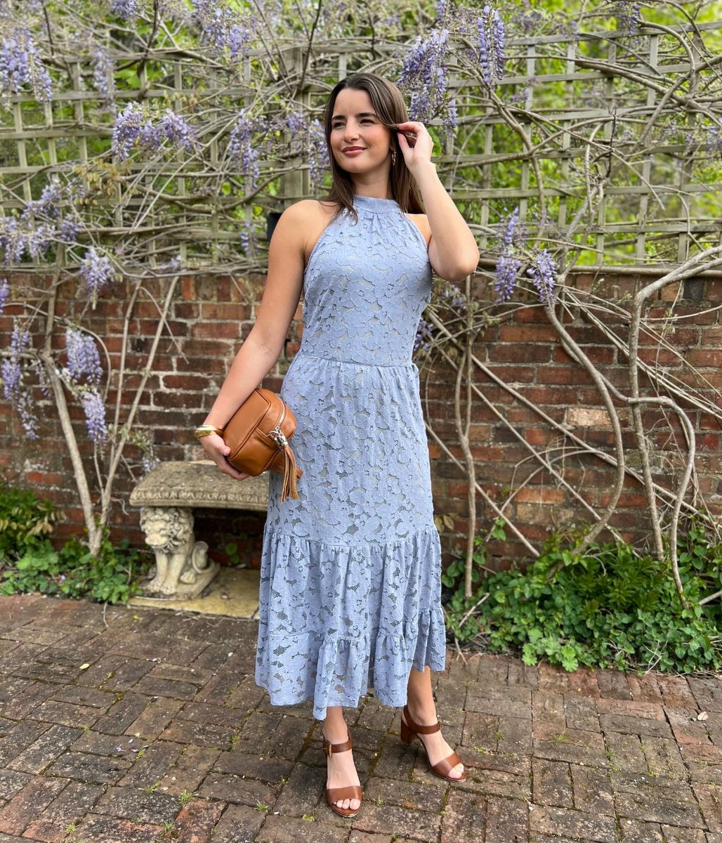 Pale Blue Lace Halter Neck Dress