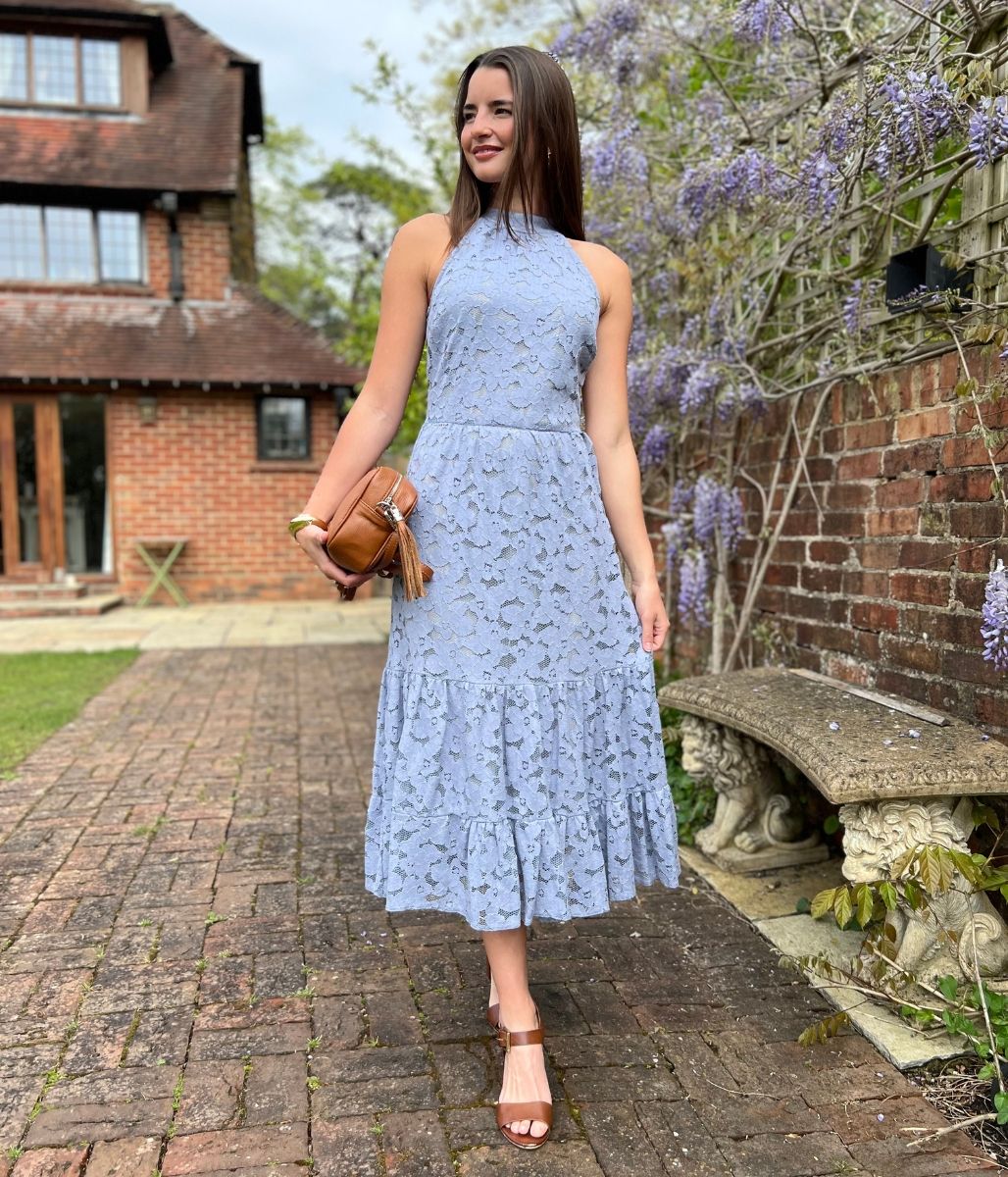 Pale Blue Lace Halter Neck Dress
