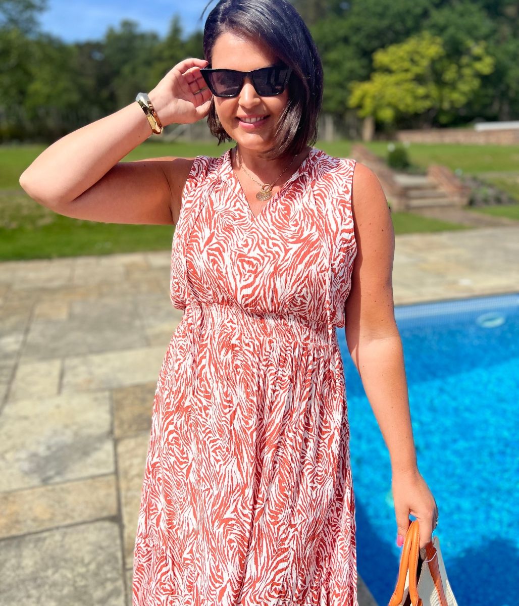 Orange Santorini Shirred Waist Midi Dress