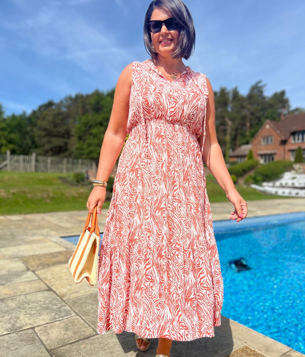 Orange Santorini Shirred Waist Midi Dress