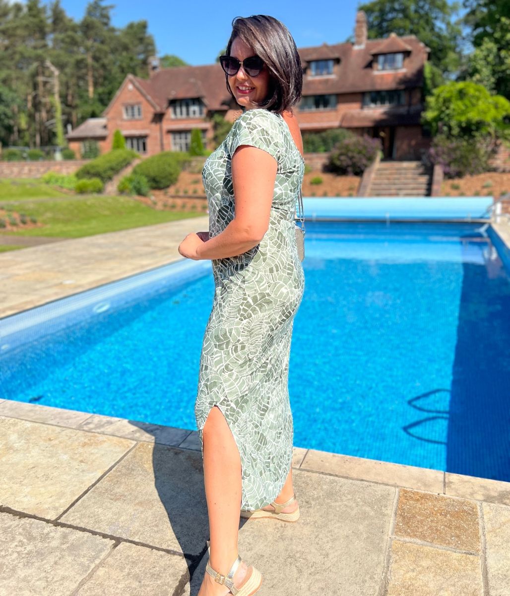 Green Leaf Print Midi Dress