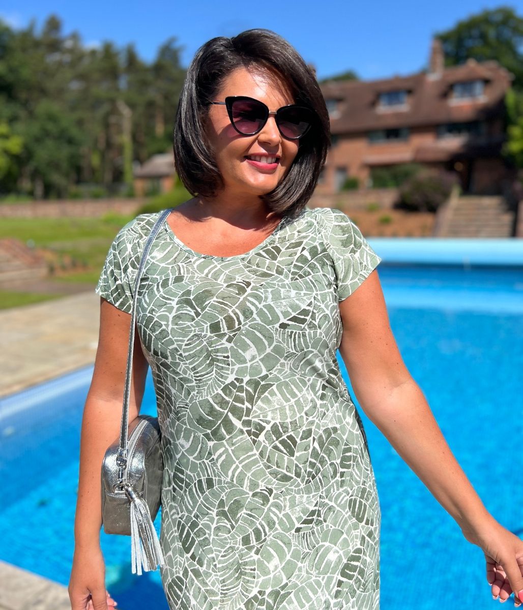 Green Leaf Print Midi Dress