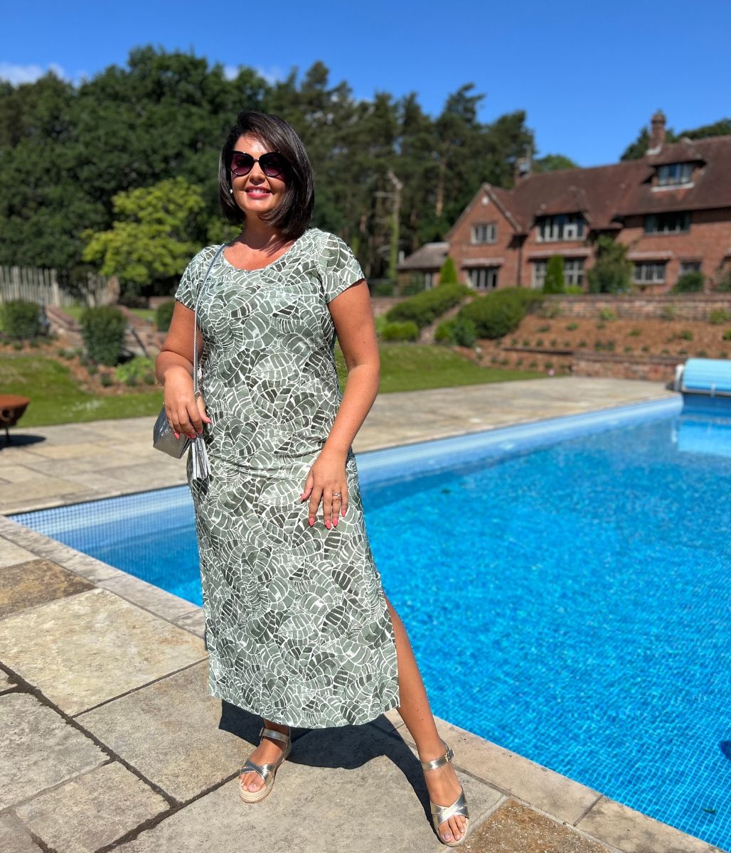 Green Leaf Print Midi Dress