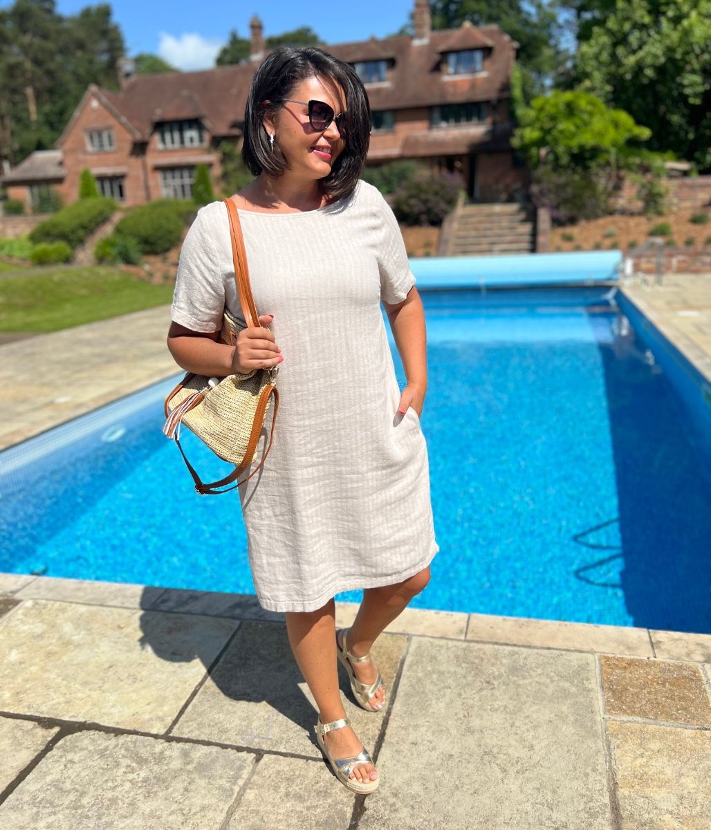 Natural Self Stripe Linen Blend Dress