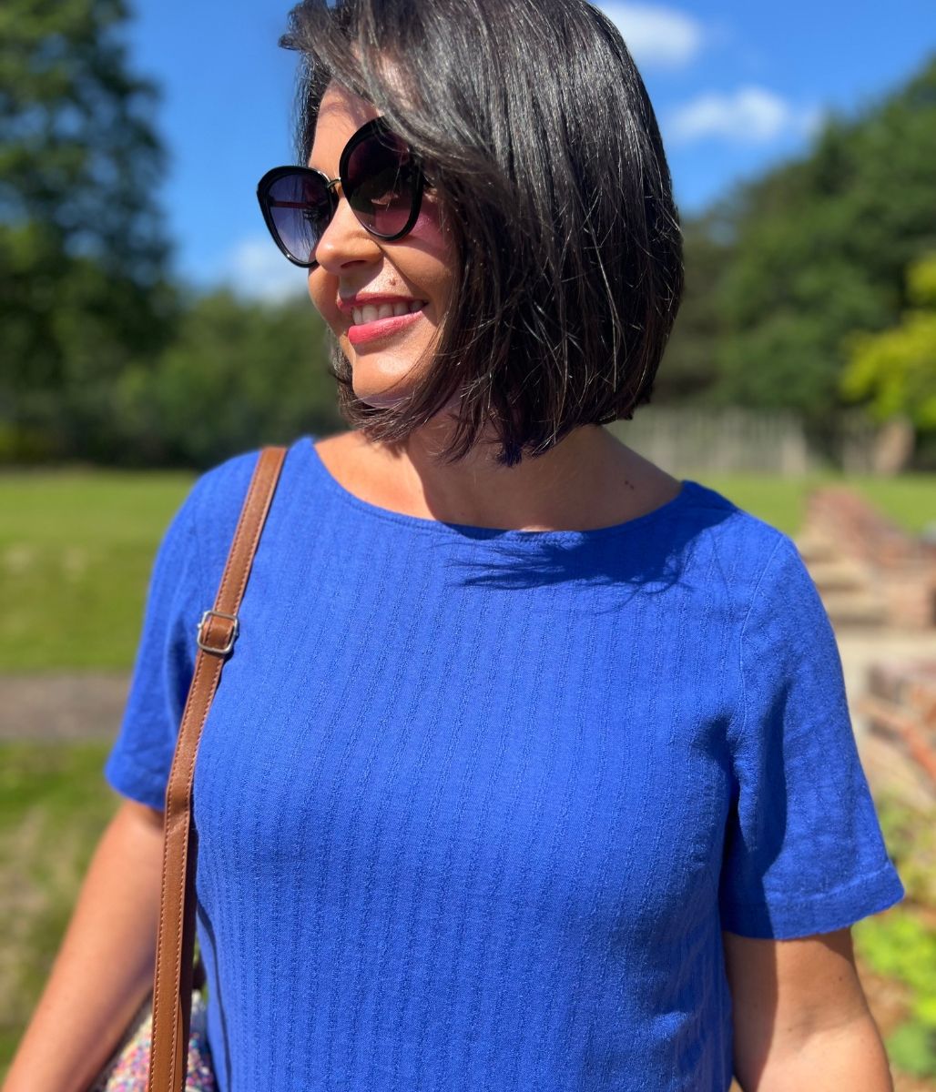 Blue Self Stripe Linen Blend Dress -Seconds