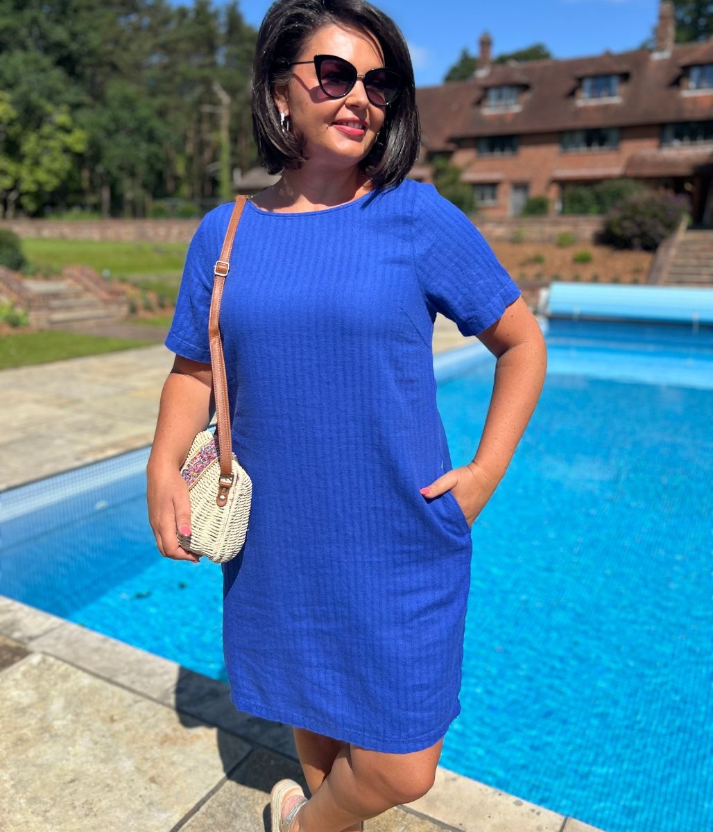 Blue Self Stripe Linen Blend Dress -Seconds