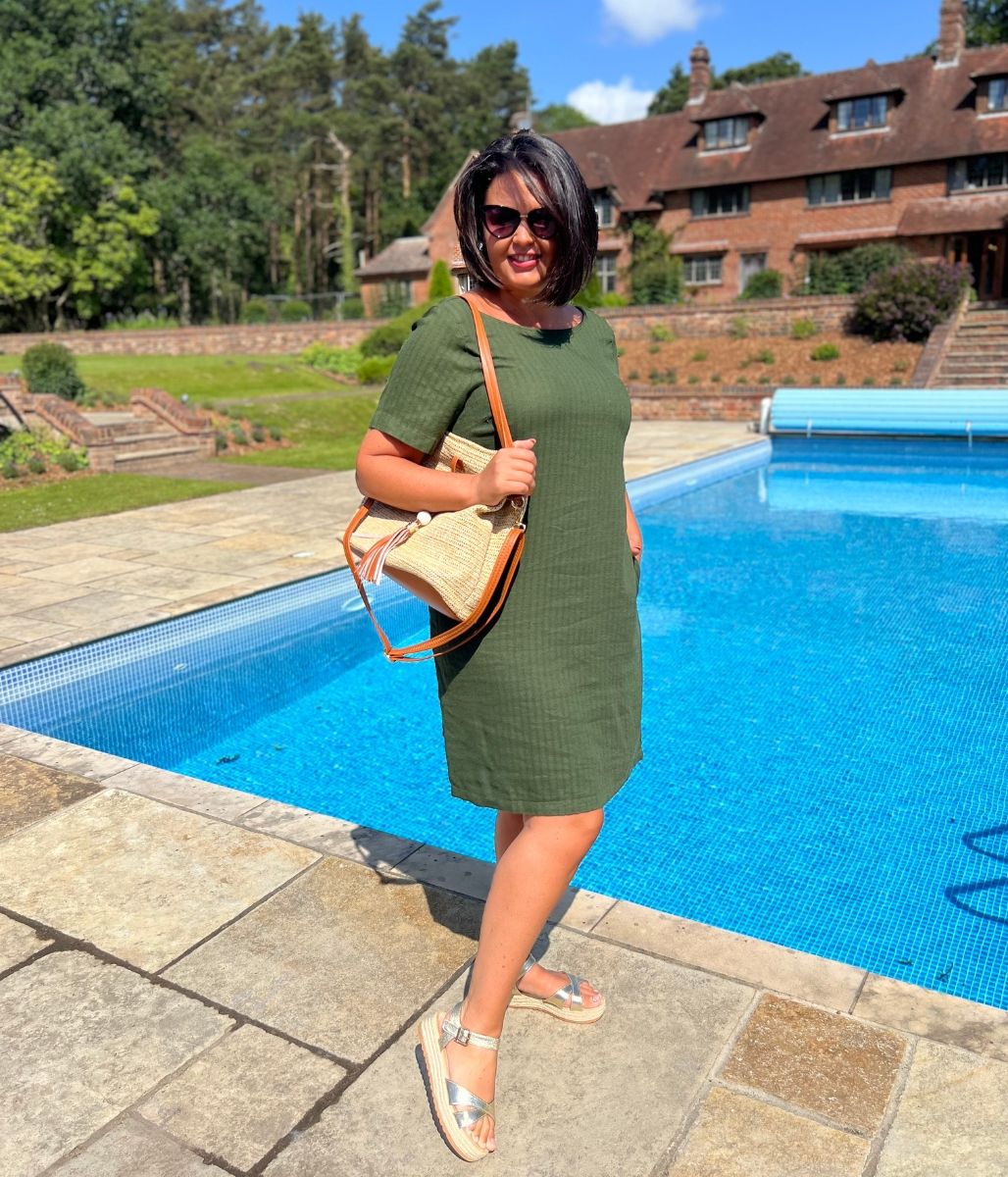 Khaki Self Stripe Linen Blend Dress-Seconds