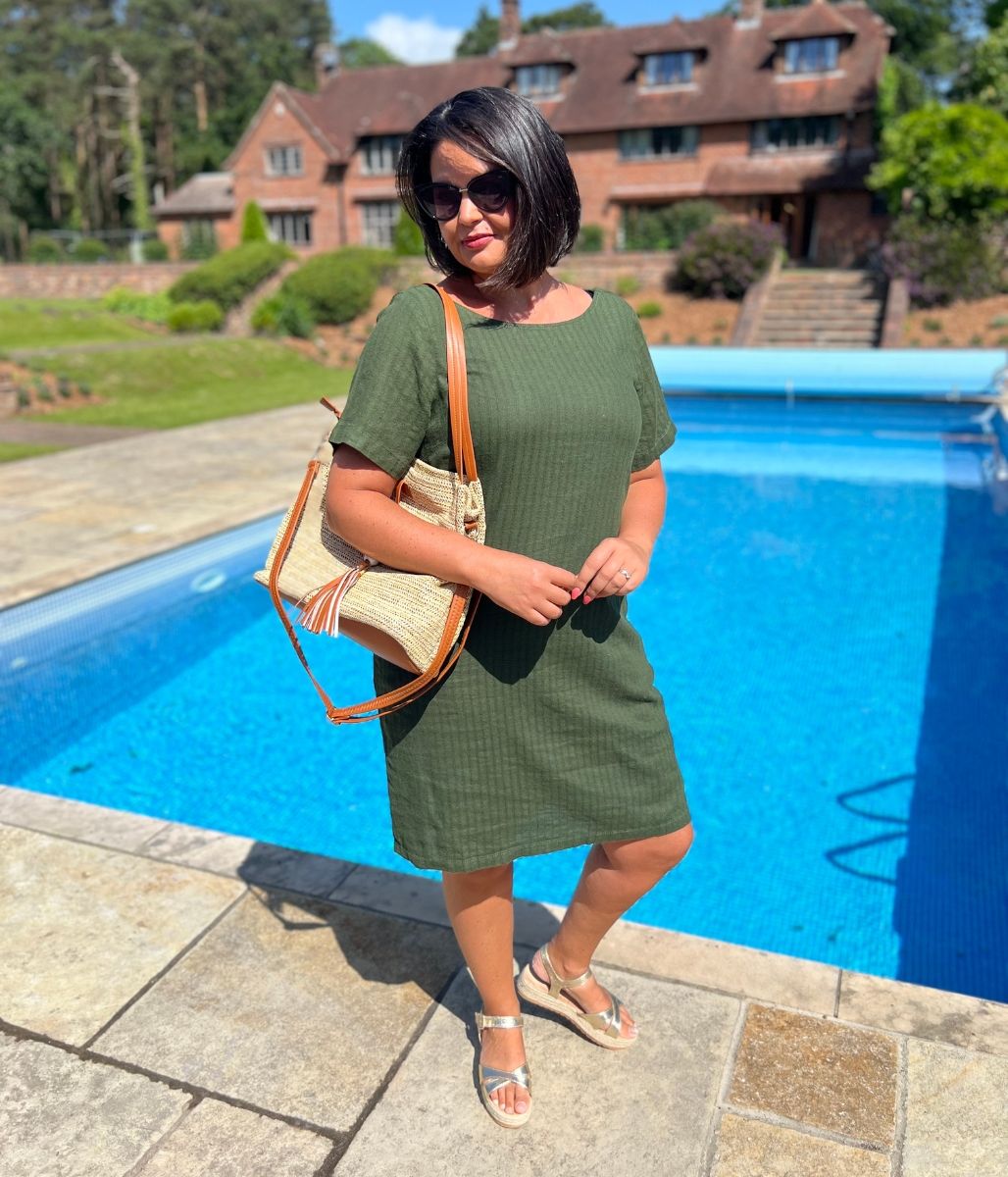 Khaki Self Stripe Linen Blend Dress-Seconds