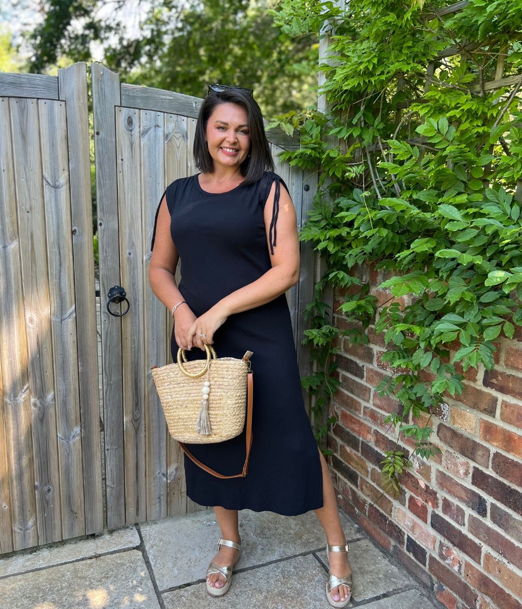 Black Ribbed Tie Shoulder Midi Dress