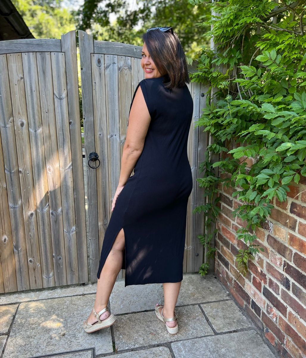 Black Ribbed Tie Shoulder Midi Dress