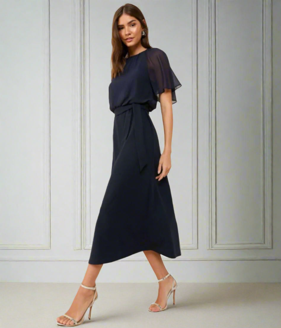 Navy Scuba Chiffon Flutter Sleeve Midi Dress
