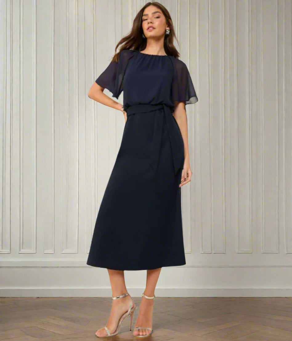 Navy Scuba Chiffon Flutter Sleeve Midi Dress