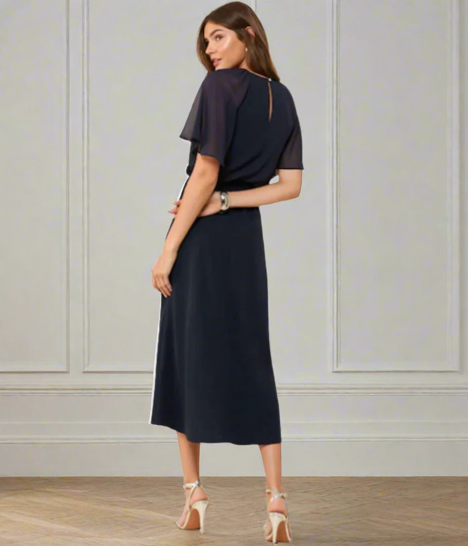 Navy Scuba Chiffon Flutter Sleeve Midi Dress