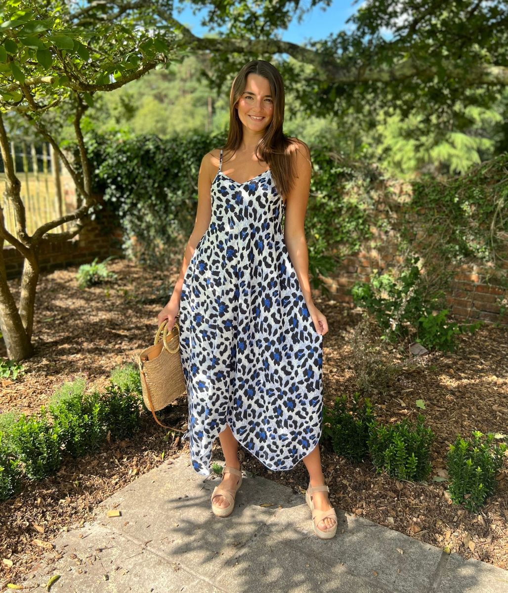 Blue Leopard Print Hanky Hem Cami Dress