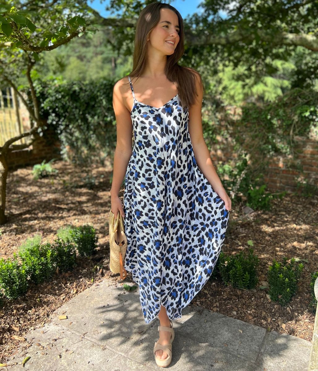 Blue Leopard Print Hanky Hem Cami Dress