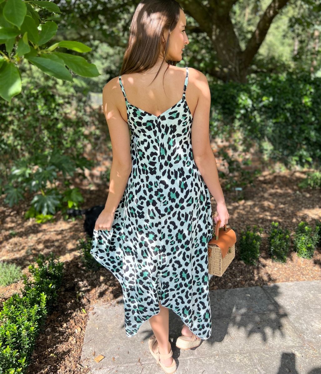 Green Leopard Print Hanky Hem Cami Dress