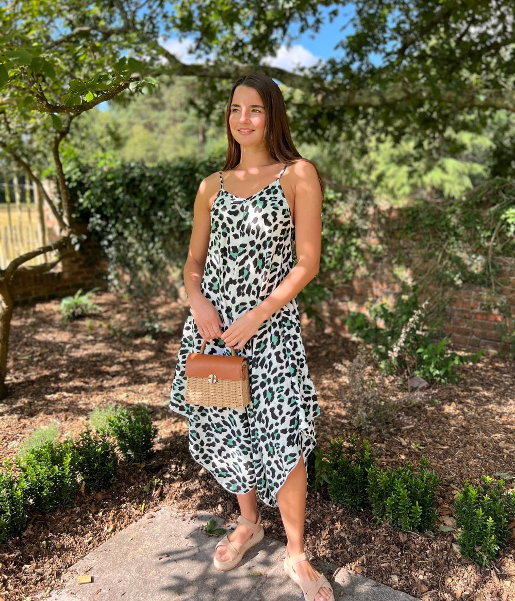 Green Leopard Print Hanky Hem Cami Dress