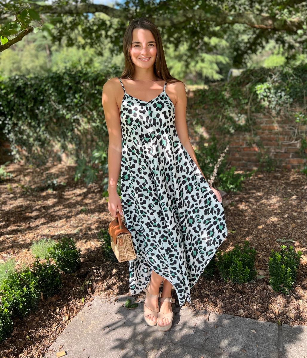 Green Leopard Print Hanky Hem Cami Dress