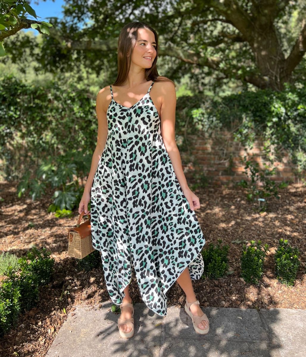 Green Leopard Print Hanky Hem Cami Dress
