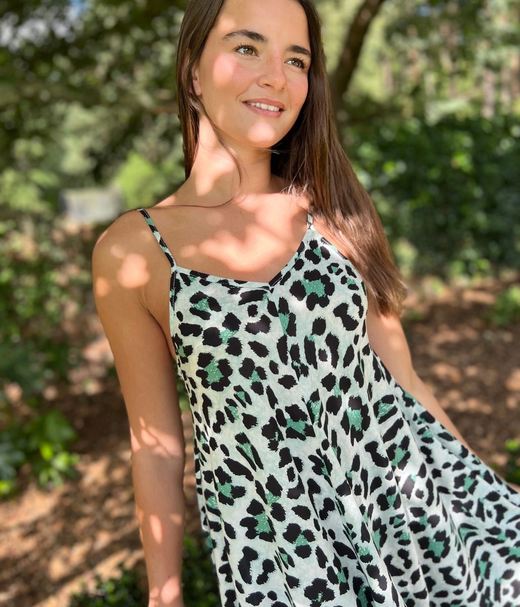 Green Leopard Print Hanky Hem Cami Dress