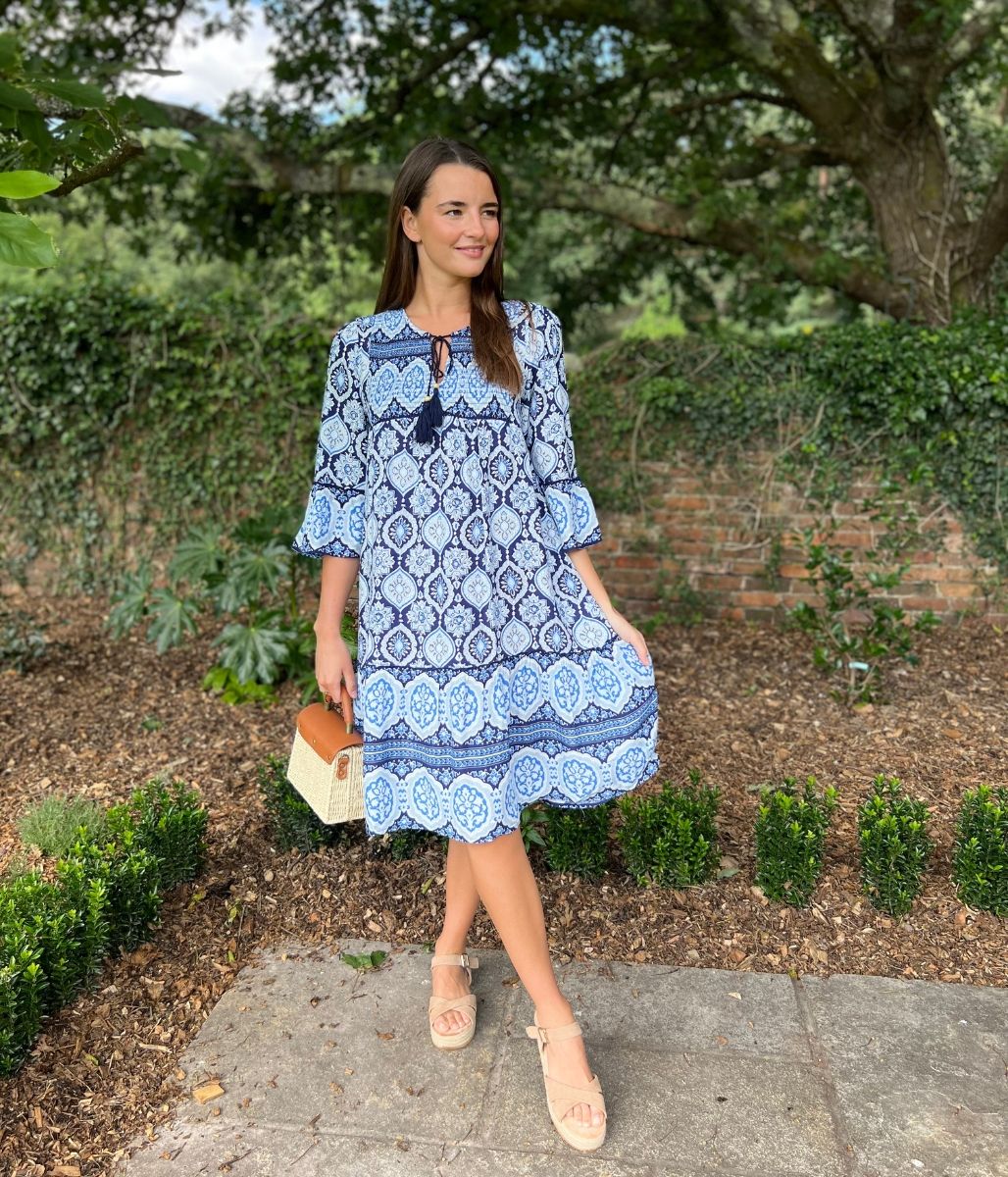 Blue Boho Shirred Printed Tassel Dress