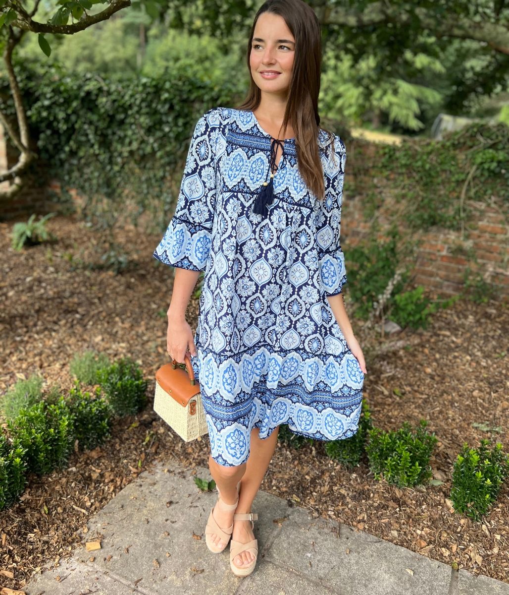 Blue Boho Shirred Printed Tassel Dress