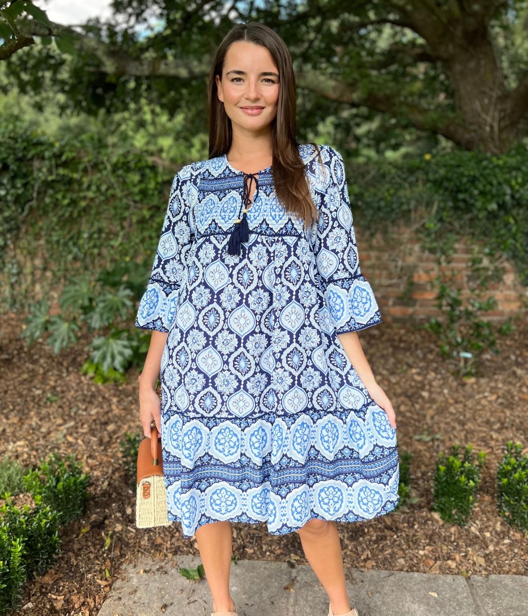 Blue Boho Shirred Printed Tassel Dress