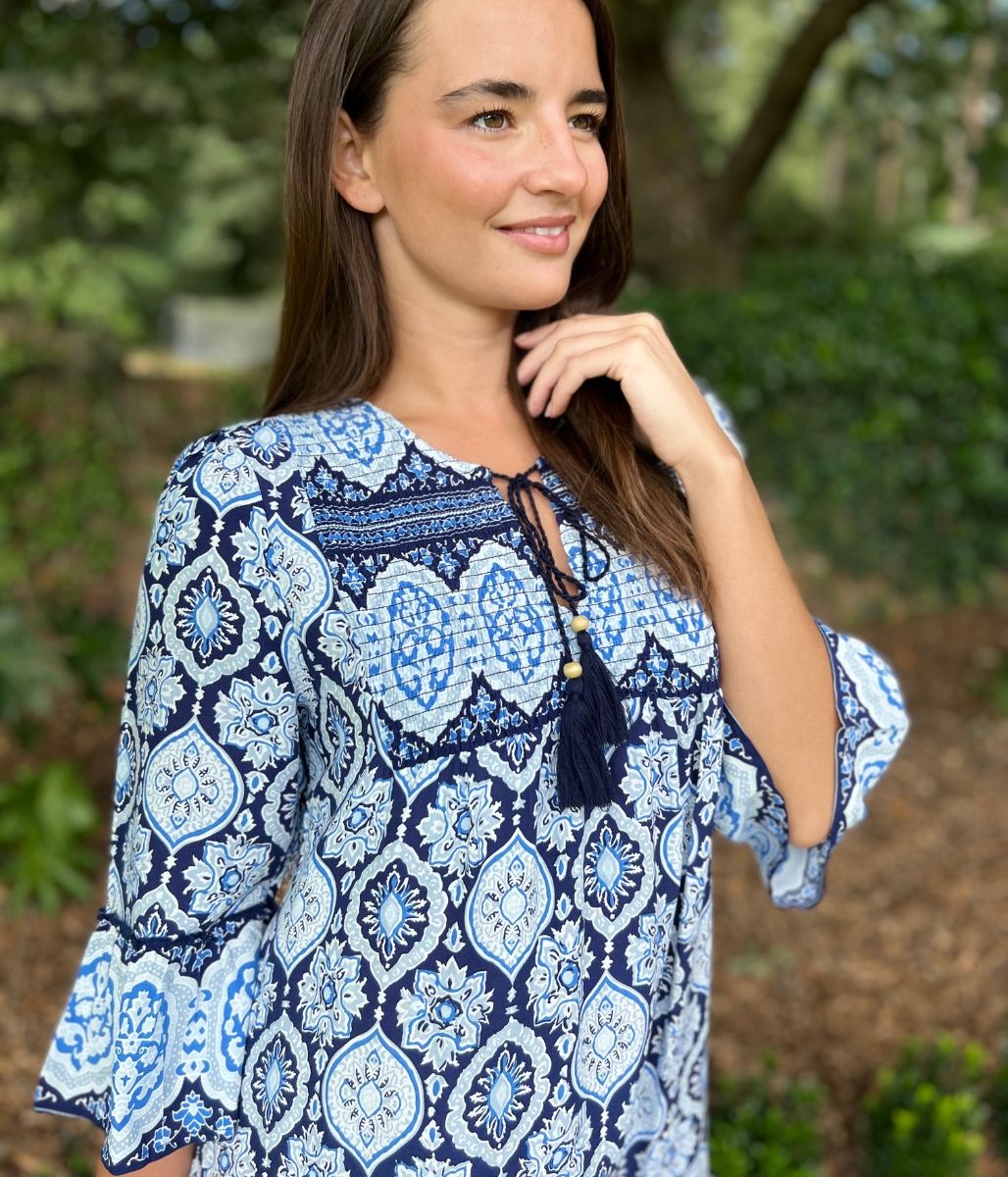 Blue Boho Shirred Printed Tassel Dress