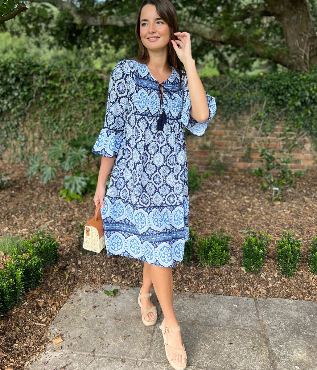 Blue Boho Shirred Printed Tassel Dress