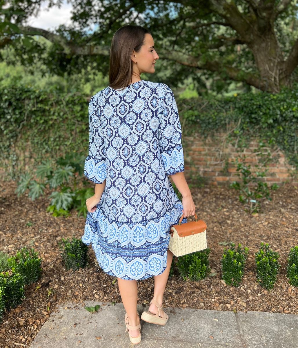 Blue Boho Shirred Printed Tassel Dress