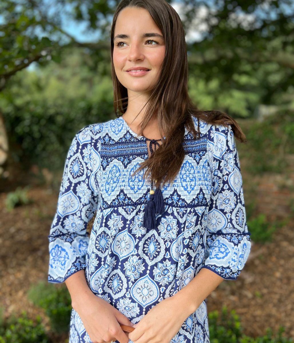 Blue Boho Shirred Printed Tassel Dress