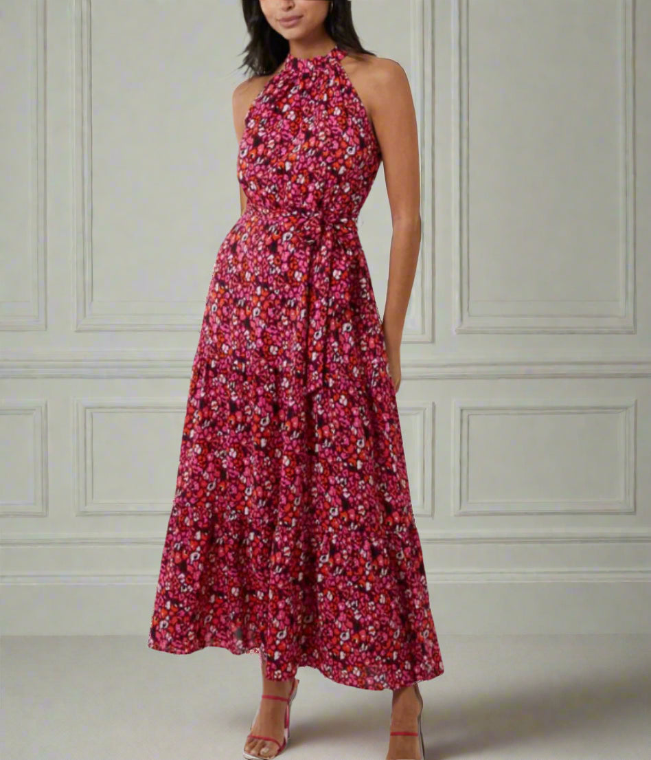 Pink Animal Print Halterneck Dress