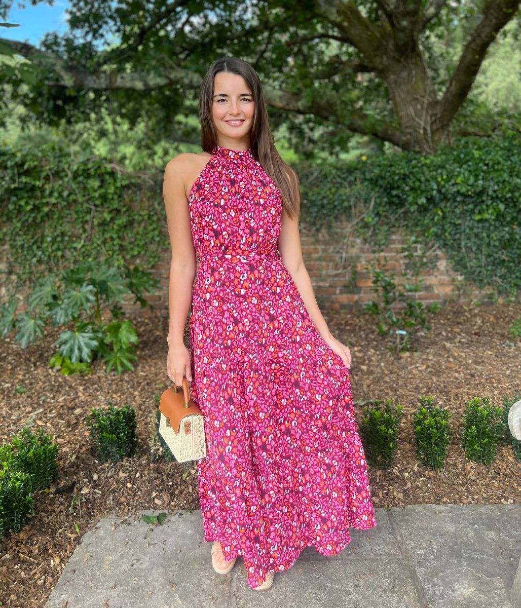 Pink Animal Print Halterneck Dress