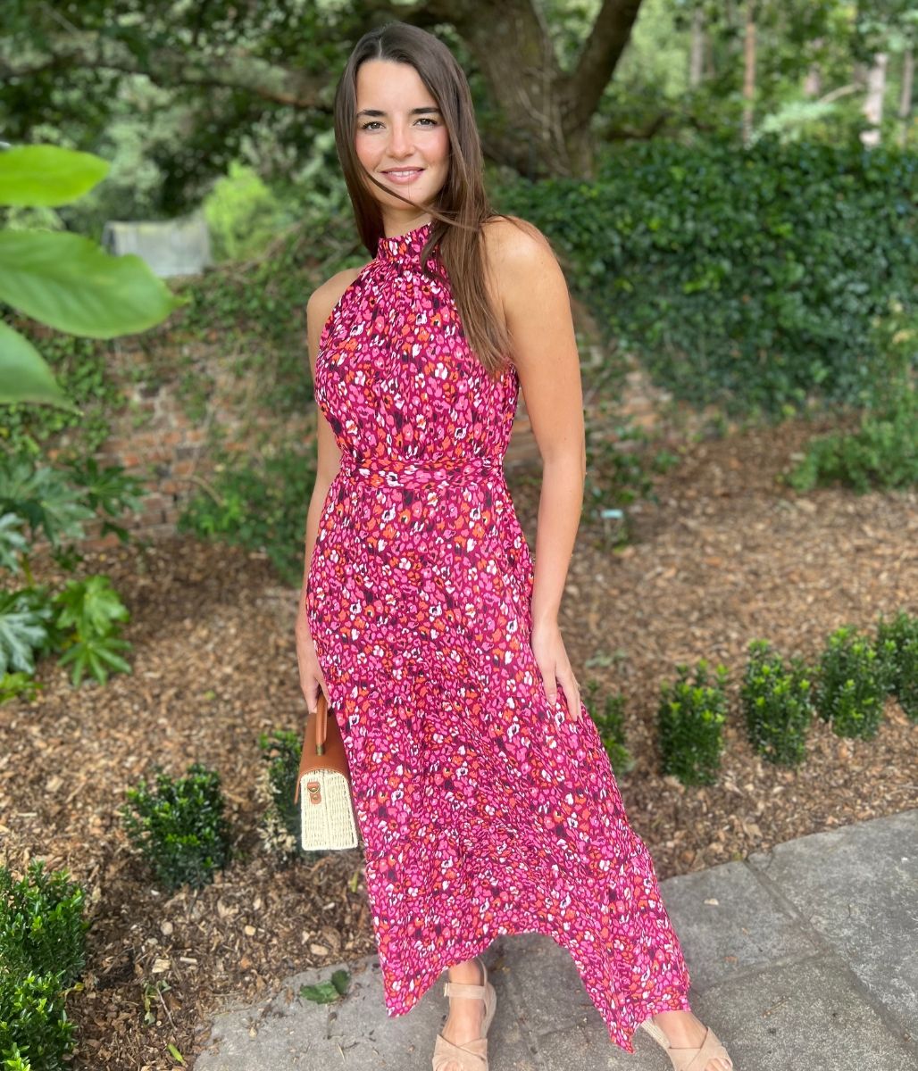 Pink Animal Print Halterneck Dress