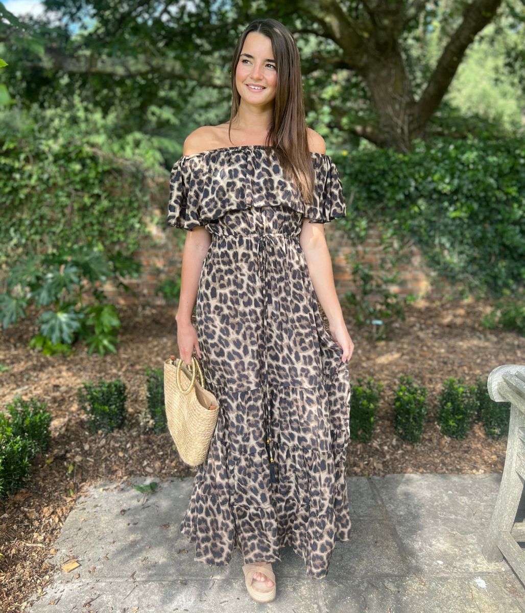 Leopard Print Bardot Midaxi Dress