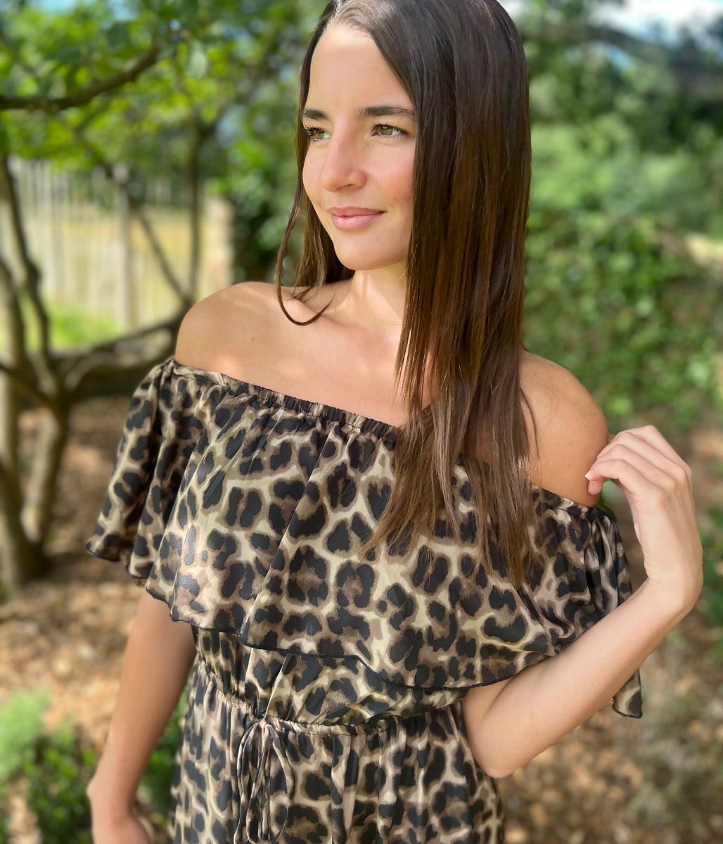 Leopard Print Bardot Midaxi Dress