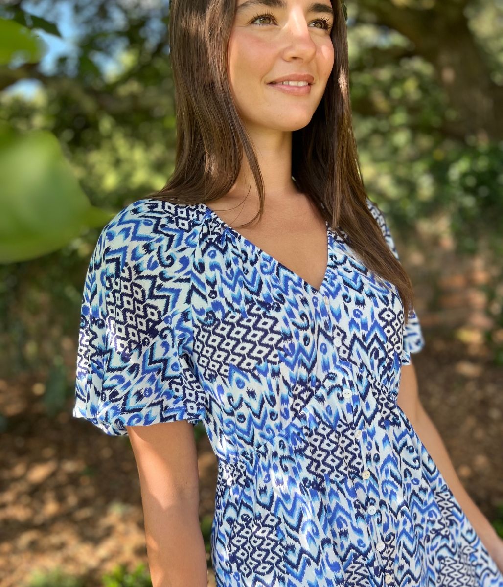 Blue Aztec Flutter Dress