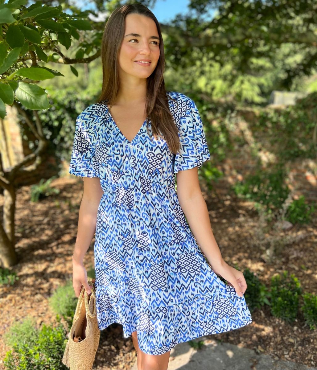 Blue Aztec Flutter Dress