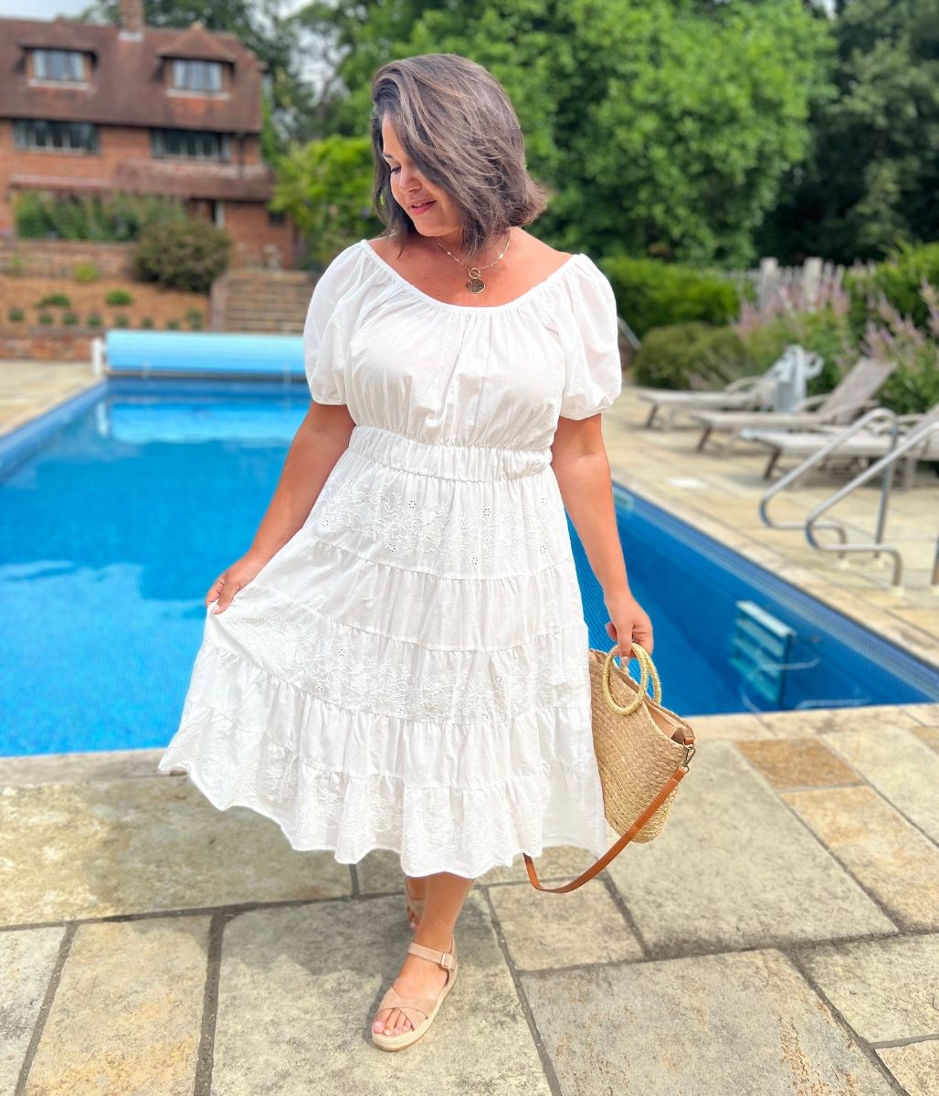 White Embroidered Anglais Midi Dress