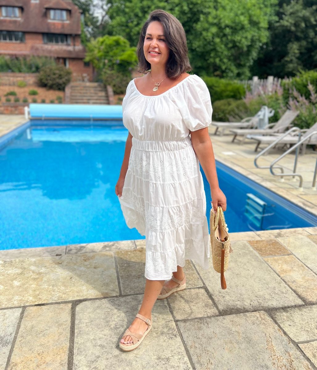 White Embroidered Anglais Midi Dress
