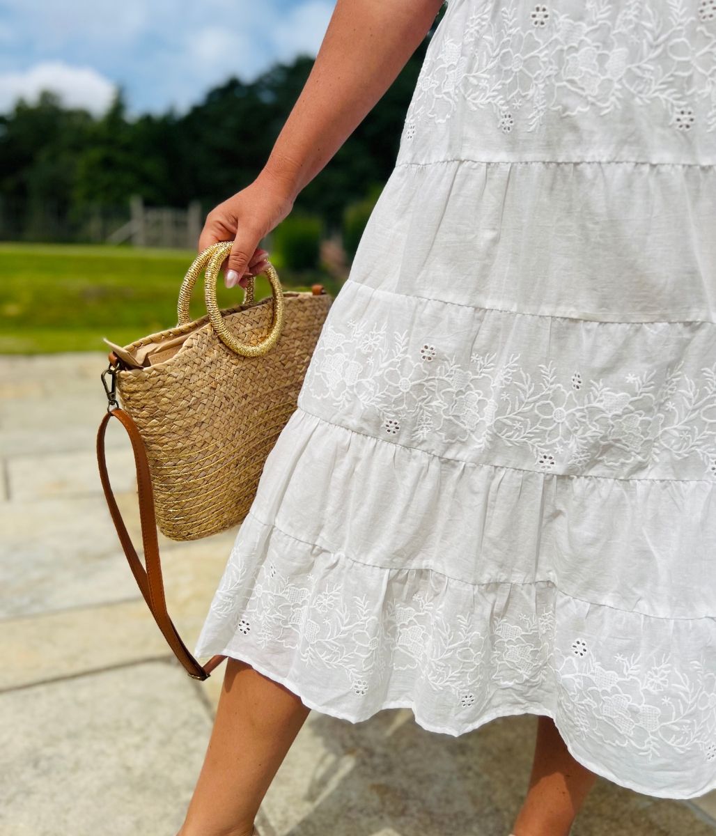 White Embroidered Anglais Midi Dress