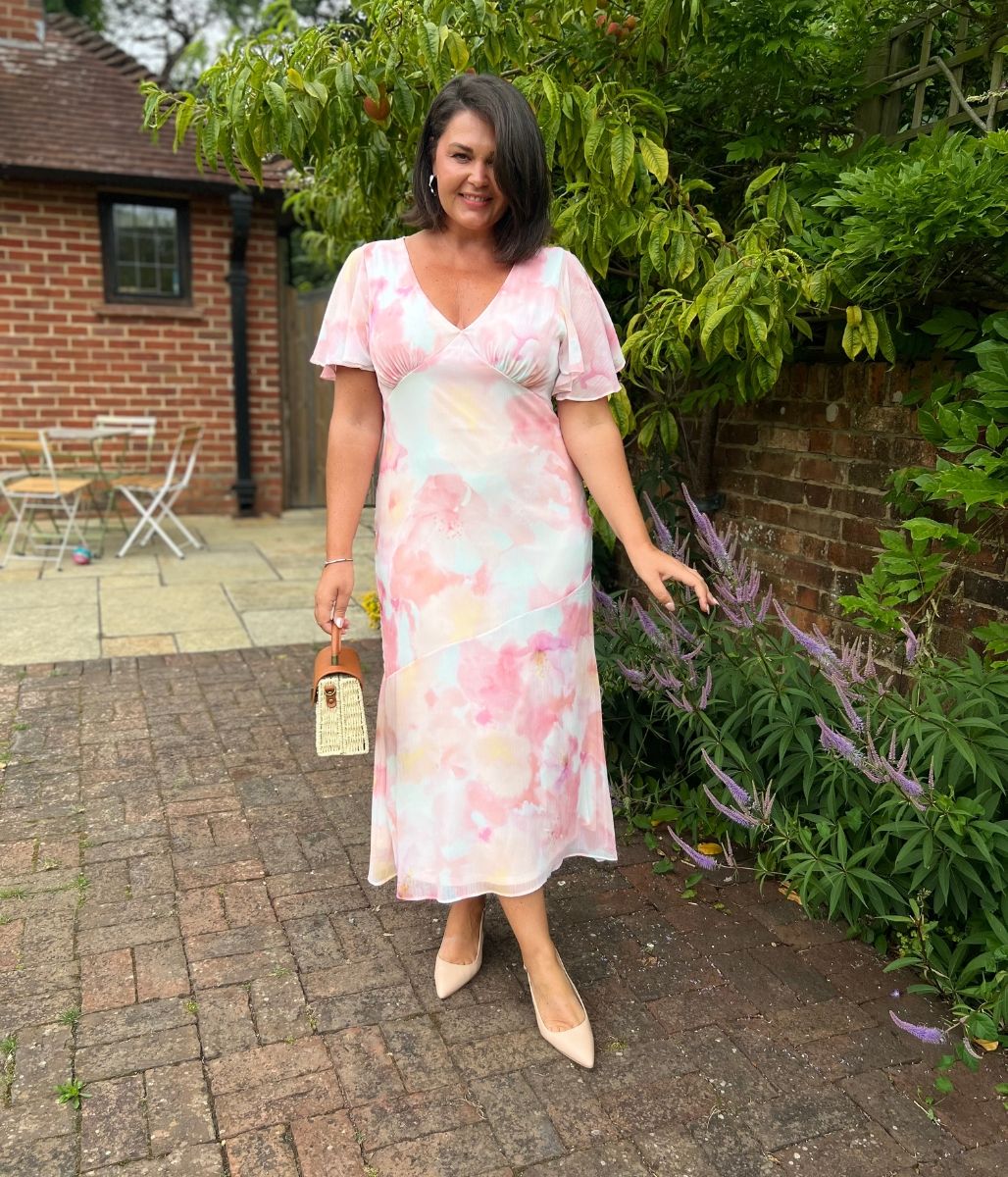 Blush Pink Flutter Sleeve Midi Dress