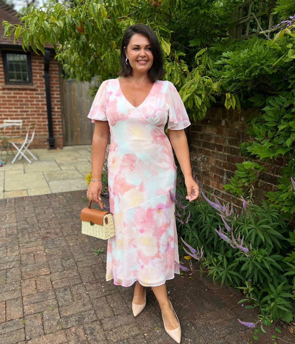 Blush Pink Flutter Sleeve Midi Dress