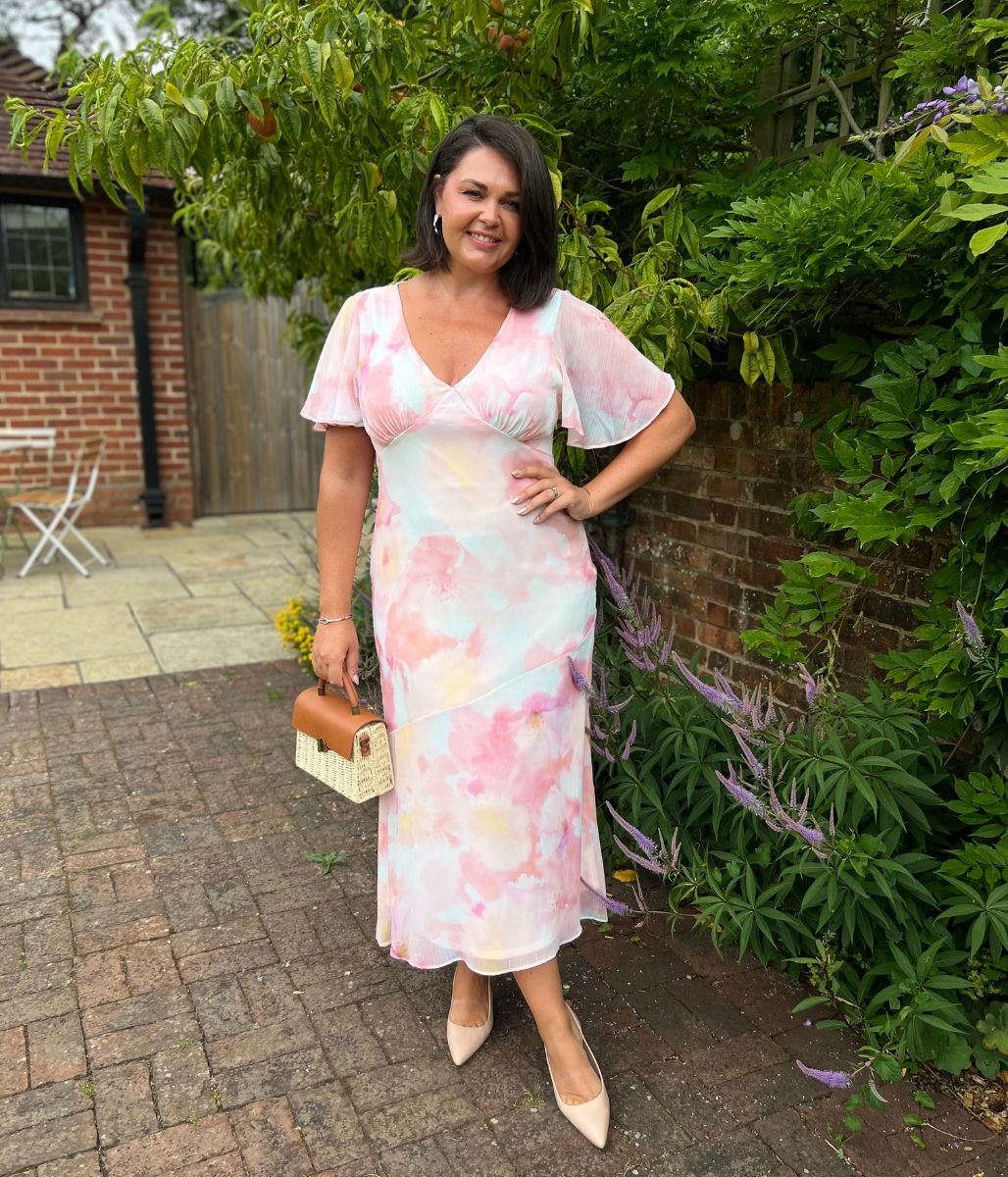 Blush Pink Flutter Sleeve Midi Dress