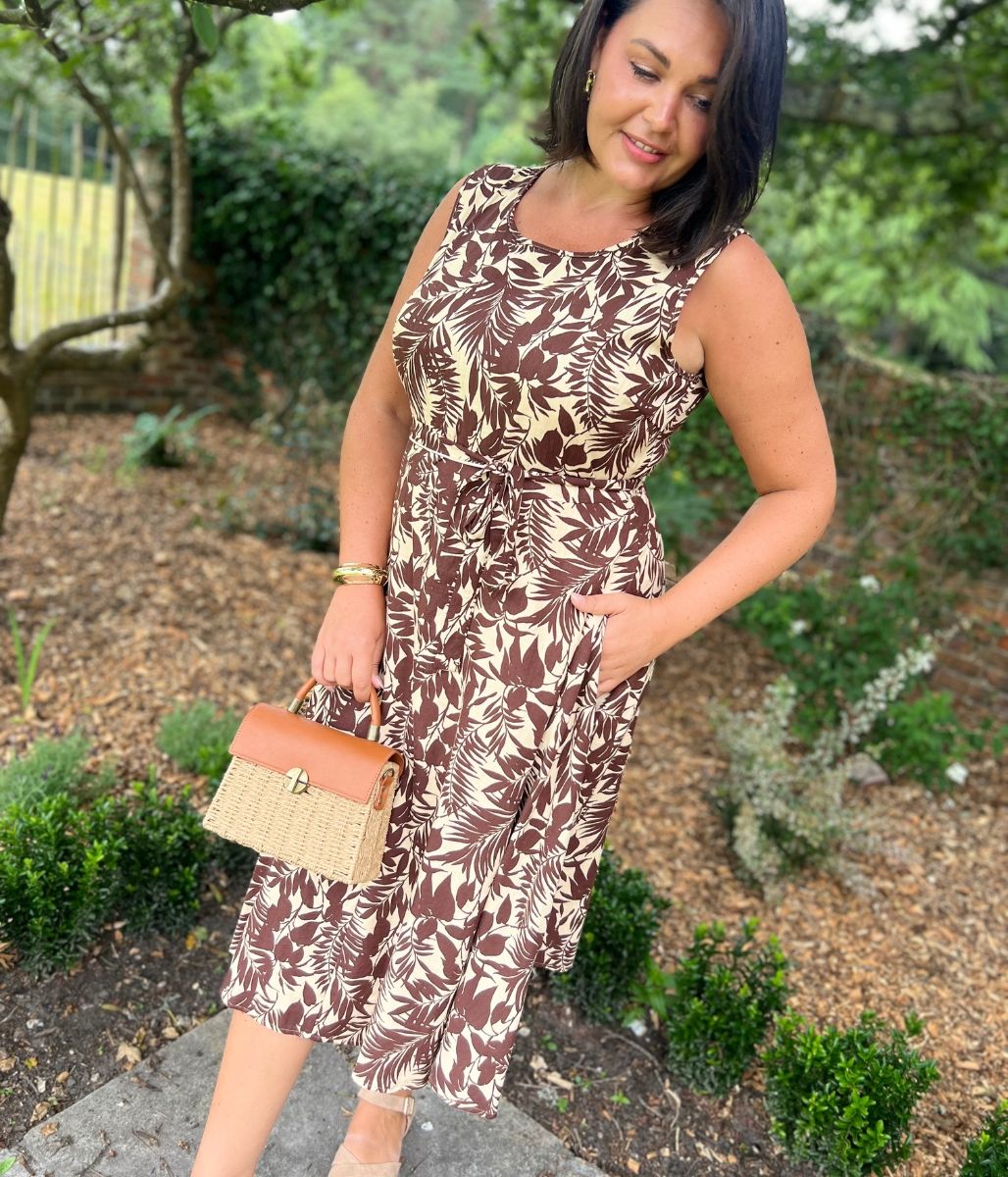 Caramel Printed Linen Blend Dress