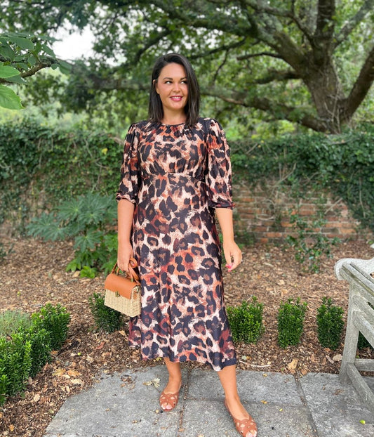 Leopard Print Gathered Stretch Midi Dress