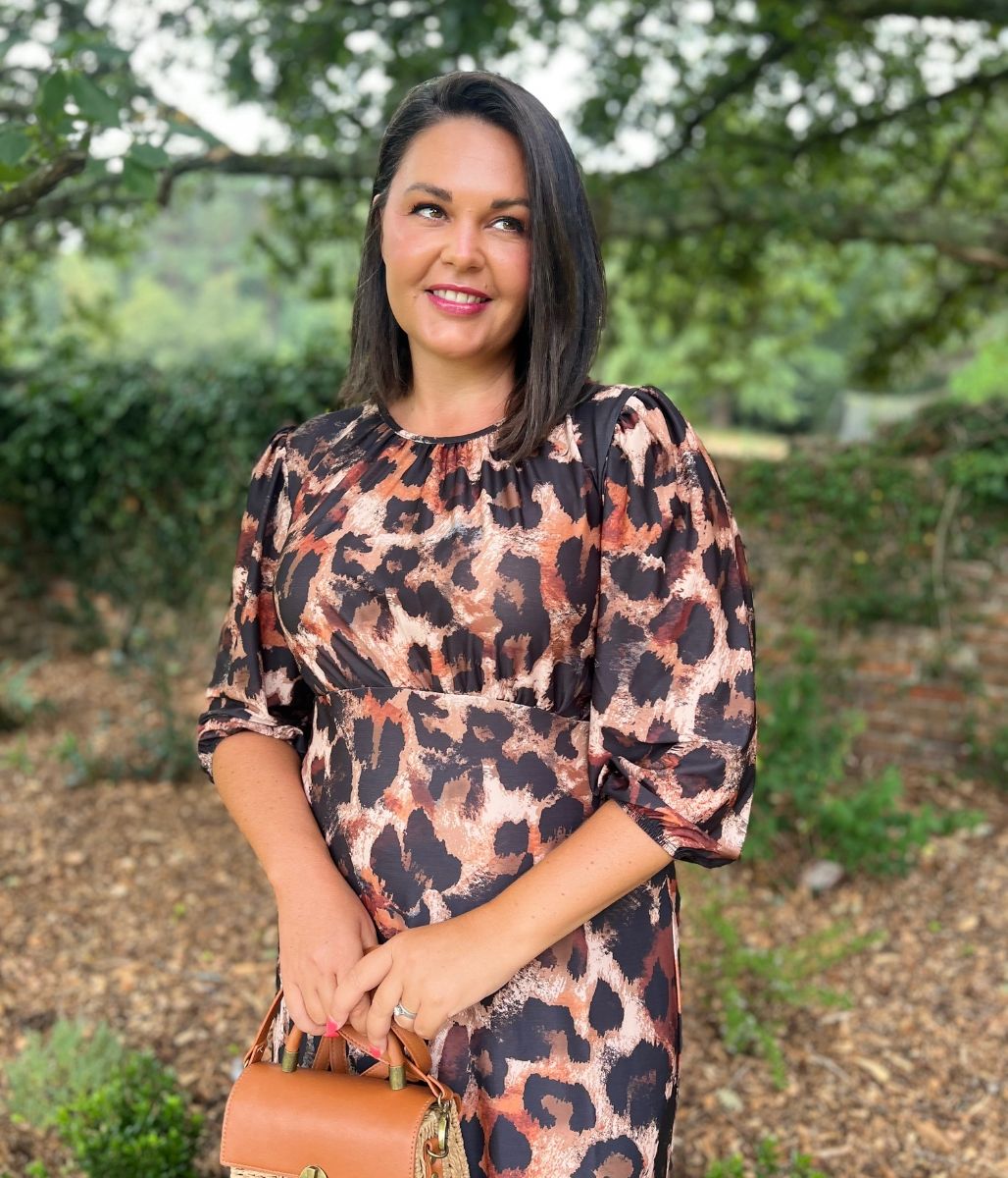 Leopard Print Gathered Stretch Midi Dress